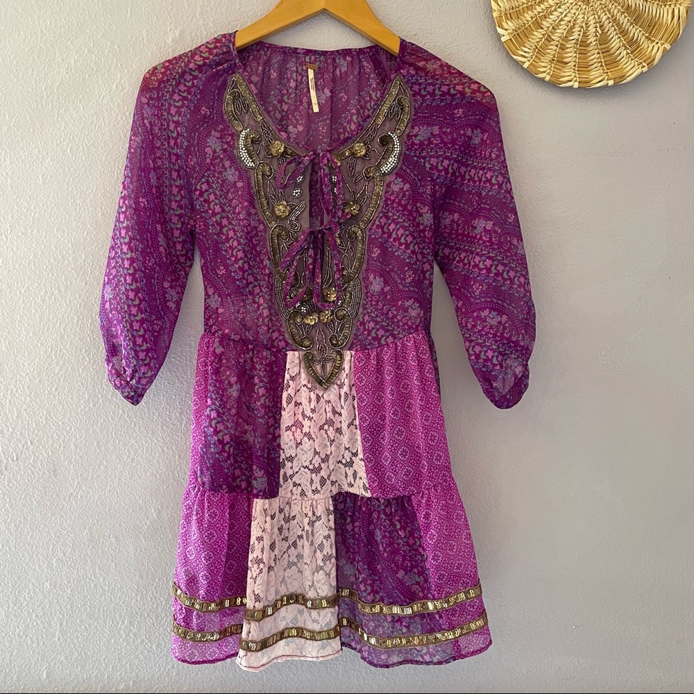Free People Magenta Patchwork Embroidered Peasant Tunic